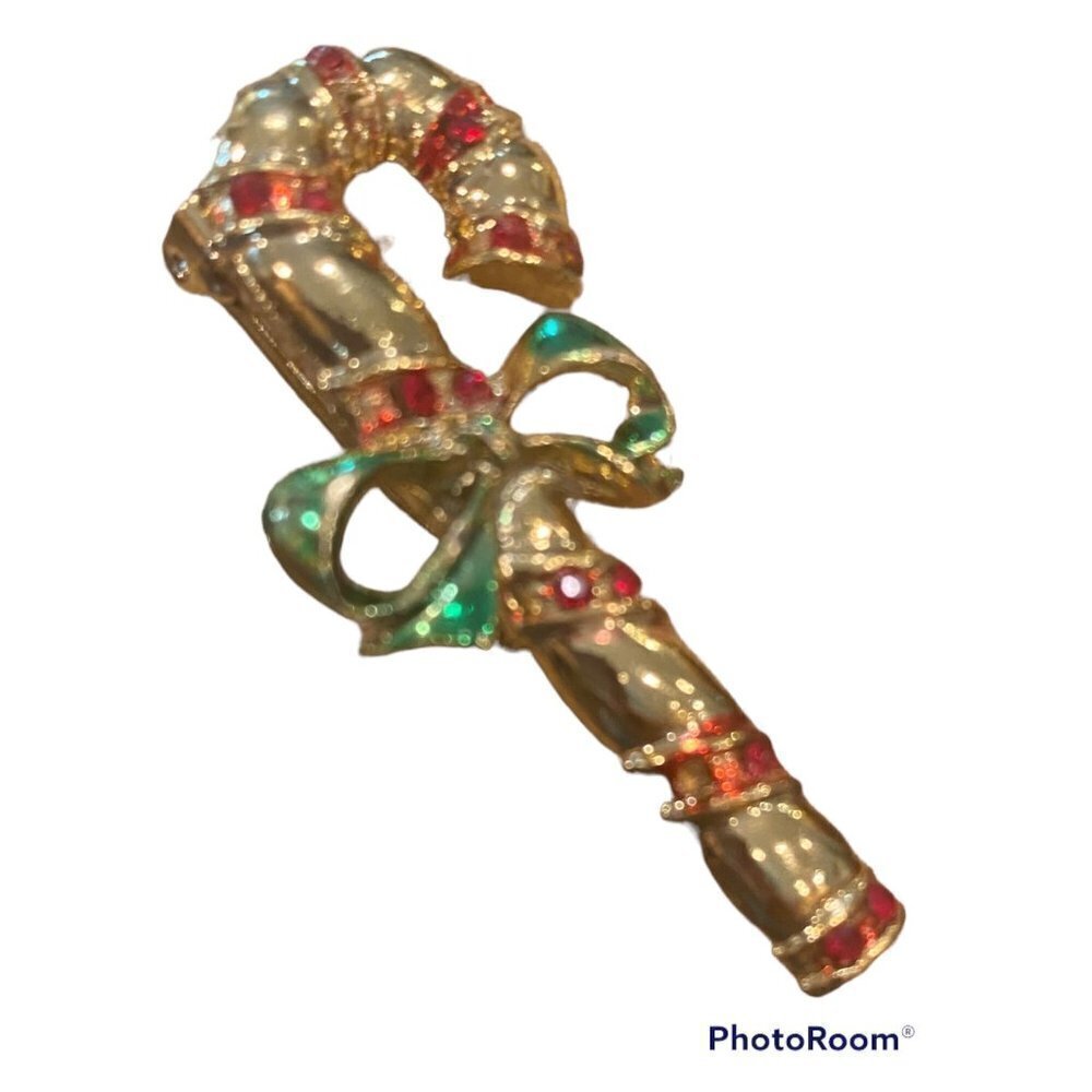 Vintage Christmas Candy Cane Rhinestone Brooch, Signed B.J.